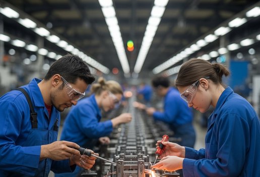 A photograph of three factory workers di dk Cp6 Z Hh SRC Ag Hb Kt ND3 Q edv a OWQI6 Pa WU Cw Lbp Lg