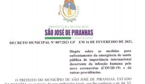 Decreto da prefeitura de São José de Piranhas
