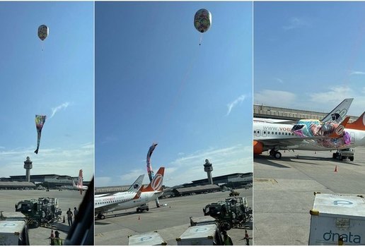 Balão cai e cobre parte de avião no aeroporto de Guarulhos; veja vídeo