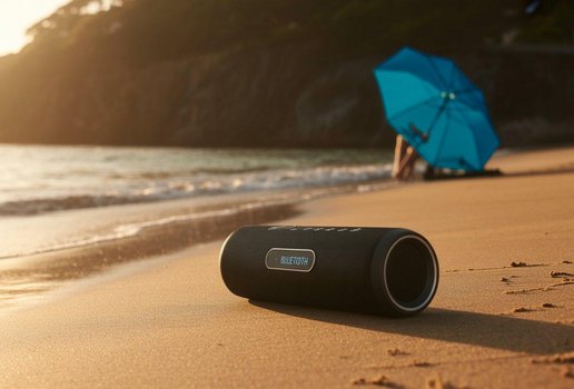 Caixa de som portatil na praia ideogram