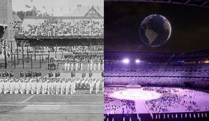 Jogos de Estocolmo, em 1912 (à esq.); jogos de Tóquio, em 2021 (à dir.)