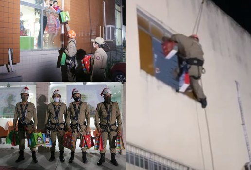 Bombeiros fazem rapel para entregar presentes a crianças em hospital, na PB