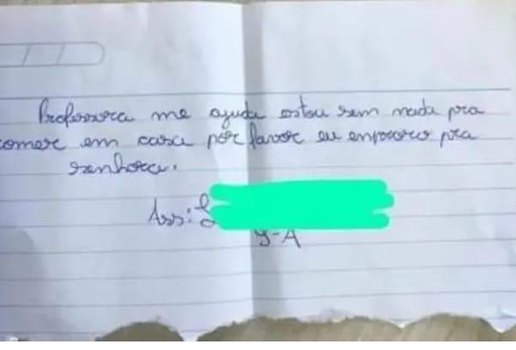 Bilhete escrito por garoto de 14 anos pedindo comida