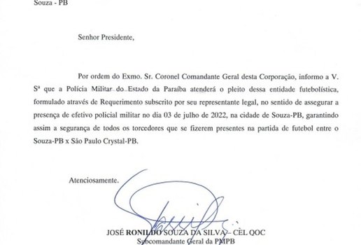 Ofício assinado pelo subcomandante da Polícia Militar