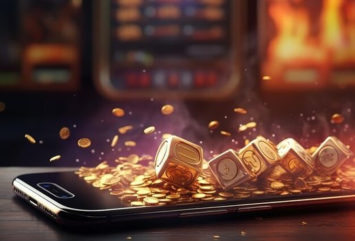 Um telefone com moedas de ouro e moedas nele com um fogo queimando no fundo 579873 6677