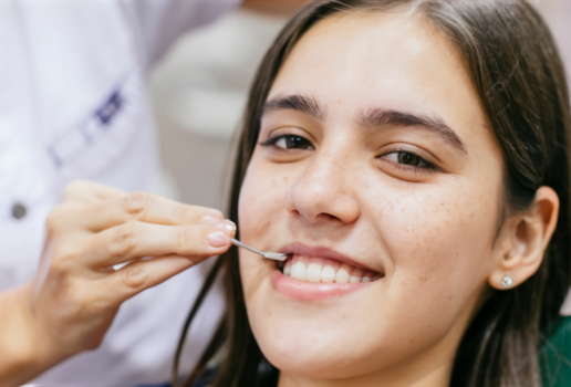 Mulher sentqada na cadeira do dentista fazendo tratamento odontologico saude bucal foto ideogram