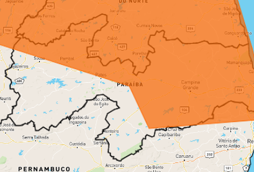 Alerta laranja é válido para 165 dos 223 municípios da Paraíba