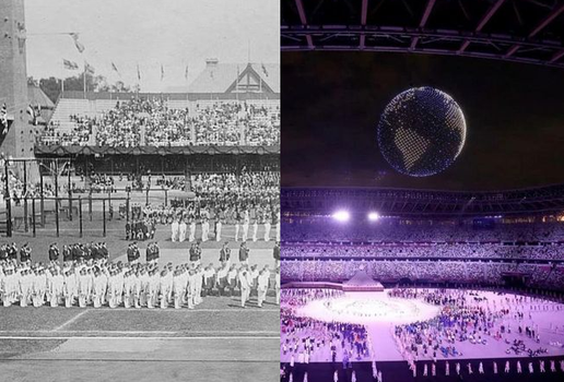 Jogos de Estocolmo, em 1912 (à esq.); jogos de Tóquio, em 2021 (à dir.)