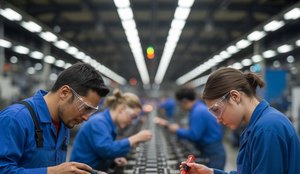 A photograph of three factory workers di dk Cp6 Z Hh SRC Ag Hb Kt ND3 Q edv a OWQI6 Pa WU Cw Lbp Lg