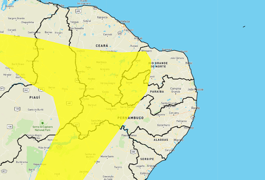 Região em amarelo tem baixa umidade relativa do ar.