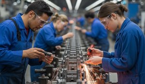 A photograph of three factory workers di dk Cp6 Z Hh SRC Ag Hb Kt ND3 Q edv a OWQI6 Pa WU Cw Lbp Lg